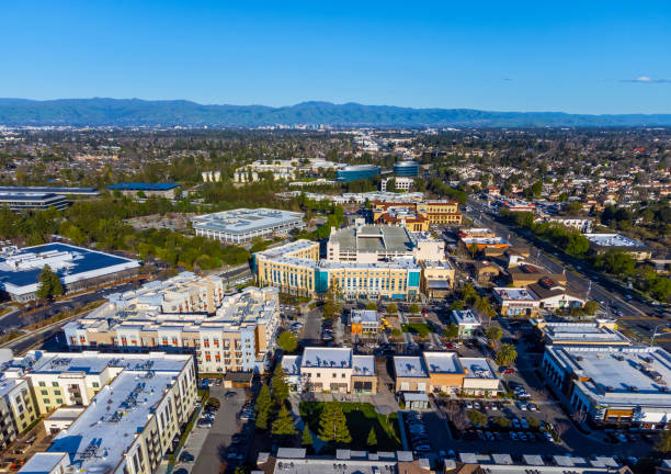 Aerial view of Main Street Cupertino residential and commercial neighborhood in San Francisco Bay Area, California stock photo