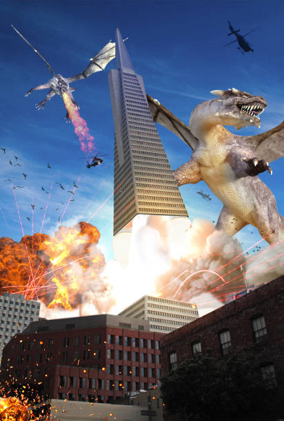 Giant winged dragons attack San Francisco Downtown, destroying a defensive building that takes off in the form of a rocket. / You can see another version of this image in my iStock portfolio. Image number: 1171282451I took (no edited) image during my trip to San Fransisco, California, USA on July 10, 2014.