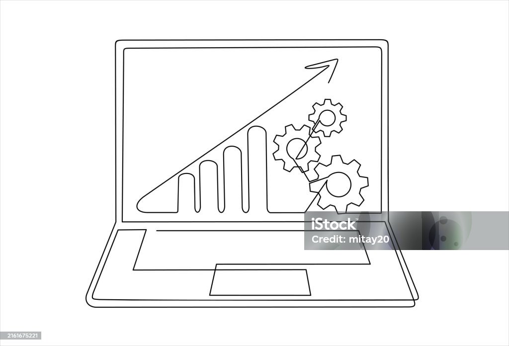 Computer Drawing Analytics One Continuous Line Drawing Of Computer Laptop With A Chart And Gears ...