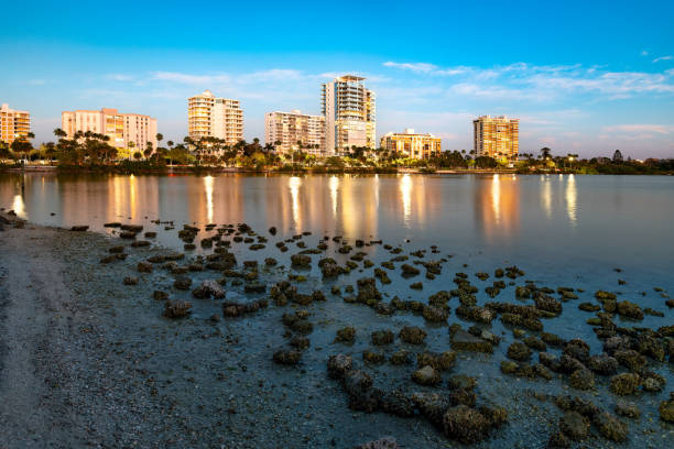 Sarasota skyline with tranquil waters reflecting buildings during evening hours, Florida, United States