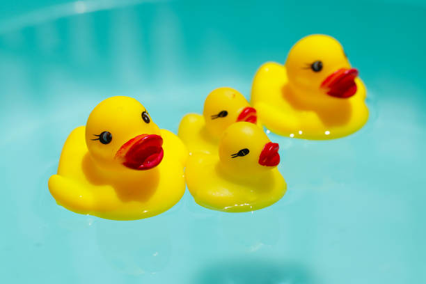 istock Cute yellow rubber ducks floating on blue water 2161680228