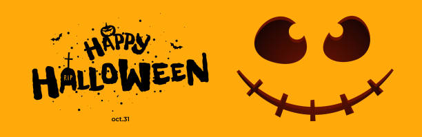 istock Happy Halloween party horizontal banner design. Lantern Jack pumpkin carved scary smiling face on orange background and hand drawn inscription with gravestone. Trick or Treat October 31 holiday 2161680428