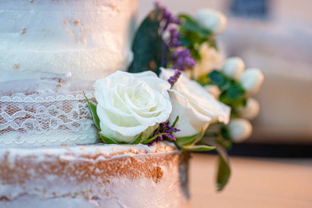 A close-up of the bottom three tiers of a stunning wedding cake, beautifully covered in pink fondant and adorned with intricate white and gold floral ornaments. The elegant details take center stage in this refined composition. Color editing. Part of a series.
