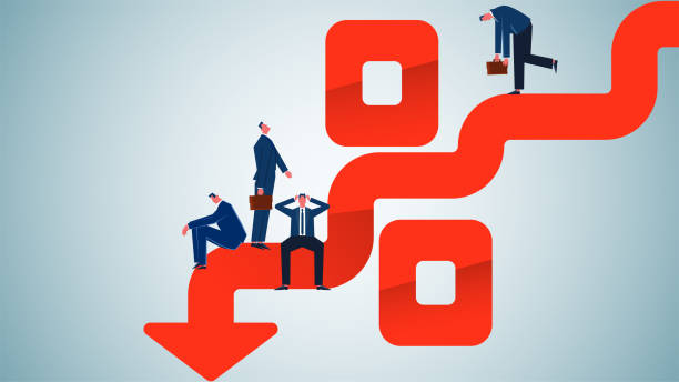 bildbanksillustrationer, clip art samt tecknat material och ikoner med falling percentage sign, inflation, decrease in profits, decrease or loss of investment earnings, group of businessmen on falling percentage sign arrows - inflation