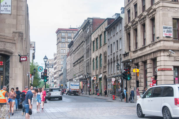 Montreal, Canada. July 5, 2019. the city streets within the old historic district of montreal canada on an overcast day.