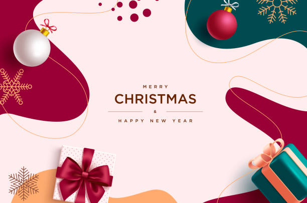 Christmas greeting vector background design. Merry christmas and happy new year text with gift box, xmas balls and snowflakes Christmas greeting vector background design. Merry christmas and happy new year text with gift box, xmas balls and snowflakes decoration elements in abstract pattern background. Vector illustration holiday season card template. christmas card template stock illustrations