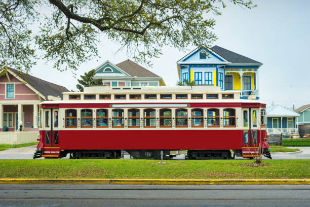 Traditional trolley in the Silk Stocking Historic District of Galveston, Texas, USA.