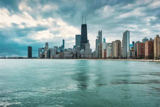 Wide-angle view of Chicago's downtown skyline captured from the lakefront trail on a bright, clear day. The image shows an expansive green lawn in the foreground, contrasting with the blue waters of Lake Michigan on the right and the iconic skyscrapers in the background, including Willis Tower. The clean, minimal sky enhances the urban and natural balance of the scene, emphasizing open space and architectural beauty.