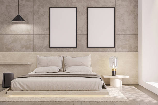 istock mock up poster frame in interior background, bed room. 3D render, 3D illustration 2161703451