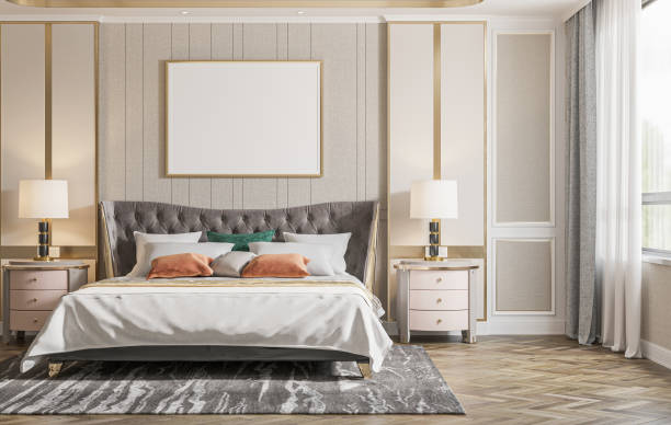 istock mock up poster frame in interior background, bed room. 3D render, 3D illustration 2161703453