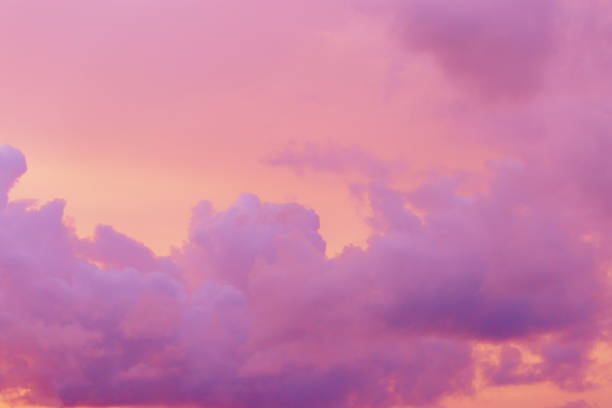 Pastel Sunset, violet fluffy clouds on pink peach colored sky, dreamy cloudscape pastel tones, surreal dreamscape at sunset, soft vivid colorful heaven as background, wallpaper, screensaver, backdrop