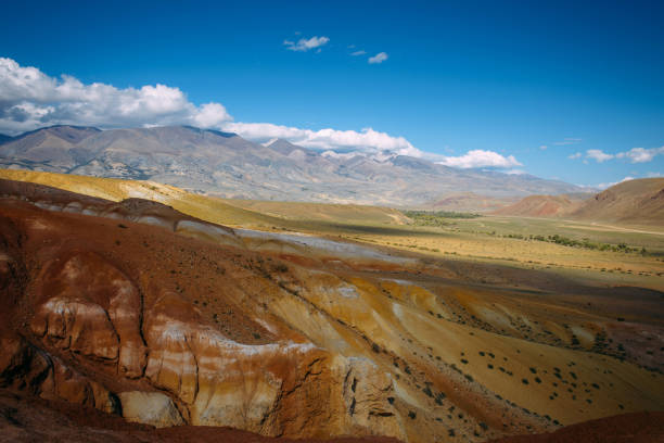 istock Stunning panoramic view of the mountains under blue sky with white clouds. Vast expanses of Asian steppes. 2161706382
