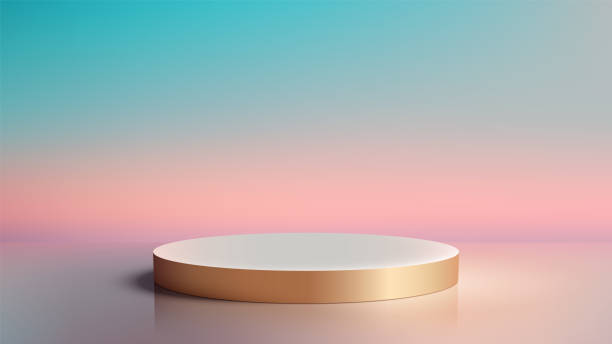 istock Luxury Style 3D Gold Rim White Circle Podium on Gradient Pink and Blue Sky Background Perfect for Nature Concept Product Display Mockup Showcase 2161707935