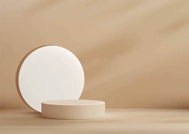 istock Modern Style 3D Beige Circle Podium with White Circle Backdrop on Beige Background Perfect for Product Display Mockup Showcase 2161707945
