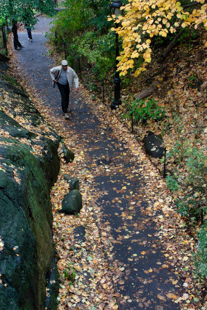 A man is walking down a path in a park. The path is lined with trees and there is a bench in the background. The man is carrying a backpack and he is enjoying the autumn scenery