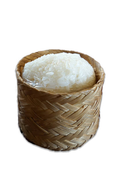 istock Isolated steamed sticky rice in wooden Thai basket container 2161709644