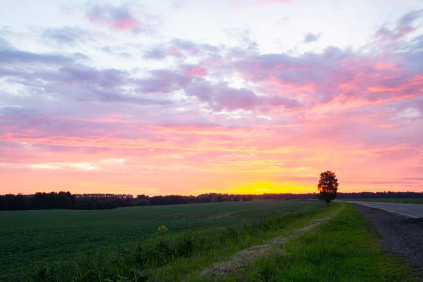A fiery dawn in a cloudy sky. The road to dawn.
