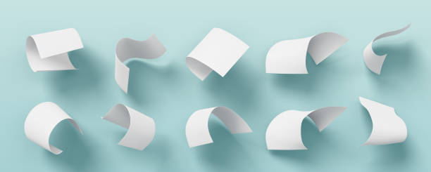 istock 3d white paper sheet flying in air isolated render icon set. Fall document page on blue background. Realistic mockup office paperwork piece falling down. Curl A4 scatter away on wind 2161712145
