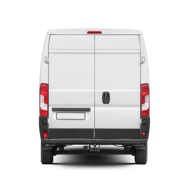 White clean delivery van small truck rear view isolated on a white. Cargo short-base minibus.