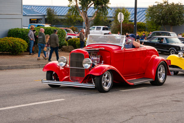 Morro Bay, California, USA - May 6th 2023: A red Ford roadster from 1932  in Morro Bay California in May of 2023, at  the \