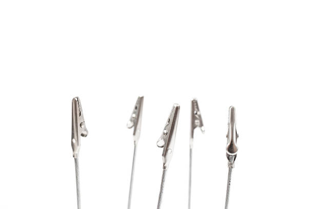 istock Alligator clips isolated on white background, defocused office supply backdrop 2161714133