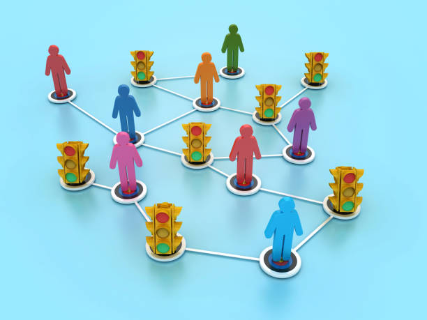 istock 3D Traffic Light on Target with Cartoon Pictogram Teamwork 2161715201
