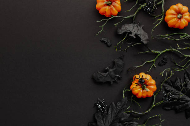 istock Halloween decor on dark backdrop. Flat lay orange pumpkins, spiders, branches with bats, and black leaves. 2161719015
