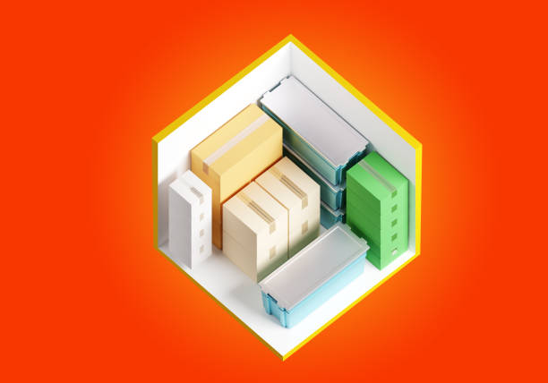 Rental Storage Unit for business. Cutaway storage container. Mini Storage Unit for company stuff. Various boxes in warehouse container. Warehouse container on red background. 3d image