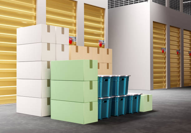 istock storage room is closed.  boxes are waiting to be loaded in storage room. Self storage units lease. Warehouse room with units. Self warehouse. Warehouse units with golden gates. 3d rendering. 2161730398
