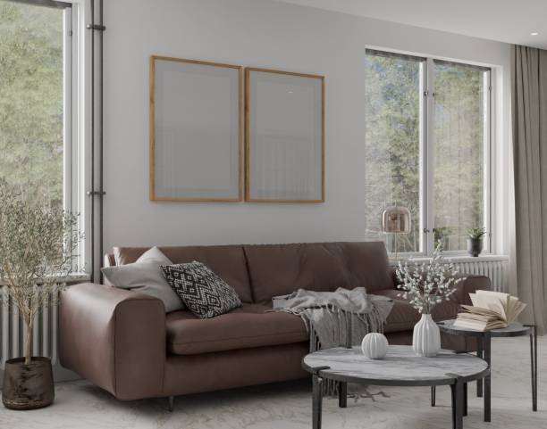 istock Mockup poster wood frame in empty picture living room, front view element interior vertical, on the wall. in illustration 3d render 2161749137