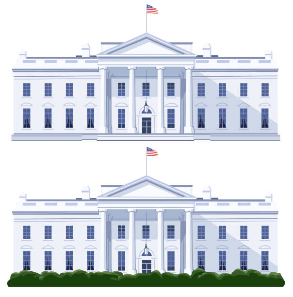 The White House- North Portico Vector illustration of the White House in Washington DC, the official residence and workplace of the President of the United States, isolated on white. american flag house stock illustrations