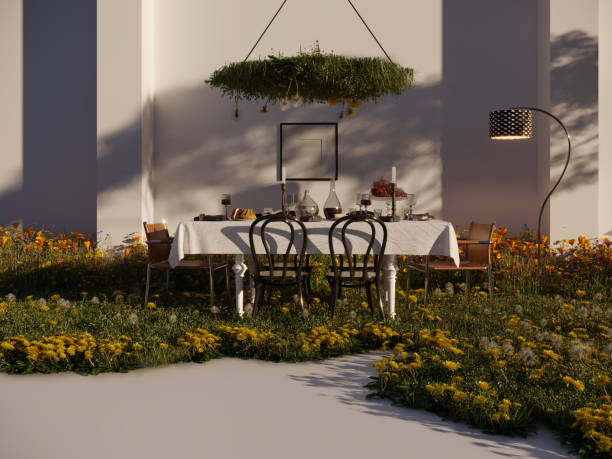 Grassy dining room with meadows. (3d render)