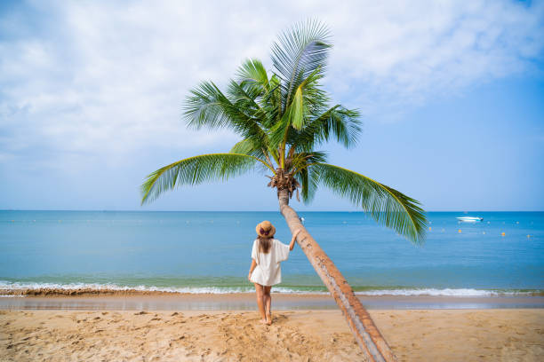 istock Alone woman traveler standing under a palm tree while relaxing on a tropical sandy island and enjoying idyllic and beautiful moment life 2161756162