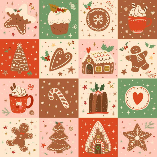 Christmas patchwork seamless pattern with Christmas dessert. Gingerbread houses, cookies hand drawn in winter holiday mosaic background. Tasty quilt vector print, wallpaper, wrap, gift paper, textile.