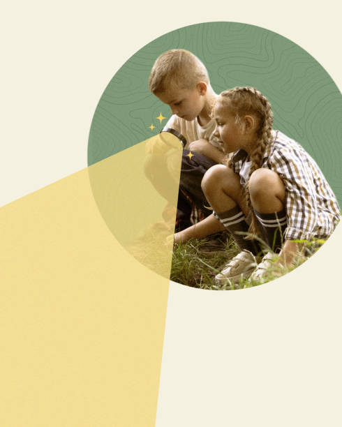 Two children crouch examining something on ground with intense curiosity in magnifying glass. Nature exploration. Contemporary art collage. Concept of childhood, travelling, vacation, creativity