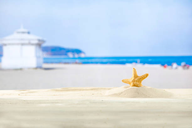 White summer sandy table top with a starfish and sky and resort building background. Space for products and objects.