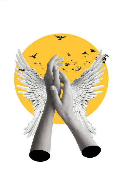 Two hands with wings on a round yellow background with flying pigeons