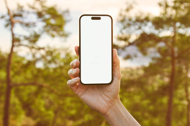 istock Young woman showing mobile phone blank white screen on Summer Background 2161774120