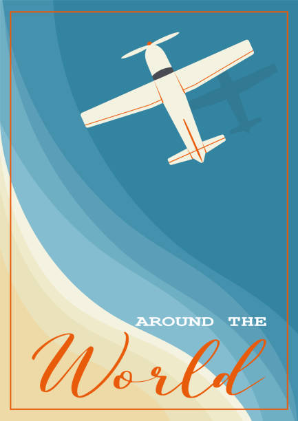 Plane flies over water near seashore summer Holiday postcard. Airplane traveling template poster, placard 2d vector illustration. Vacation poster with lettering.