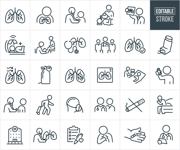 Pulmonology And Respiratory Medicine Thin Line Icons - Editable Stroke A set of pulmonology and respiratory medicine icons that include editable strokes or outlines using the EPS vector file. The icons include a set of human lungs, person with lung disease, pulmonologist using a stethoscope to check the breathing of a patient, respiratory therapist using a bag valve mask to assist a patient in breathing, pulmonologist reviewing the x-ray of a set of human lungs, patient with lung disease getting a CV scan, patient with breathing problems getting a medical checkup from his pulmonologist, human lungs with a stethoscope, group of respiratory specialists, healthy lungs, in-hailer for asthma, oxygen tank, x-ray of human lungs, patient in hospital bed from a lung infection, person with chest pain from lung disease, respiratory therapist using a stethoscope on a patients back to check his breathing, pulmonologist and his assistant, cigarette, no smoking, person coughing from lung disease, hospital and other related icons. person oxygen tank stock illustrations