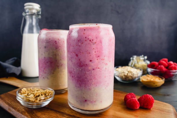 Banana Raspberry Smoothies in Tumbler Glasses
