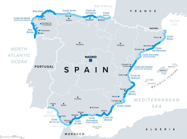 ilustraciones, imágenes clip art, dibujos animados e iconos de stock de costas de españa, playas y litorales de la riviera española, mapa político - mapa españa