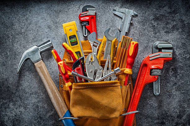istock Big Set Of Construction Tools In Leather Toolbelt. 2161805643