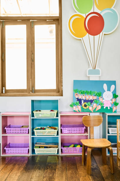 istock Elementary classroom with toys in plastic baskets and balloon wall art 2161806464