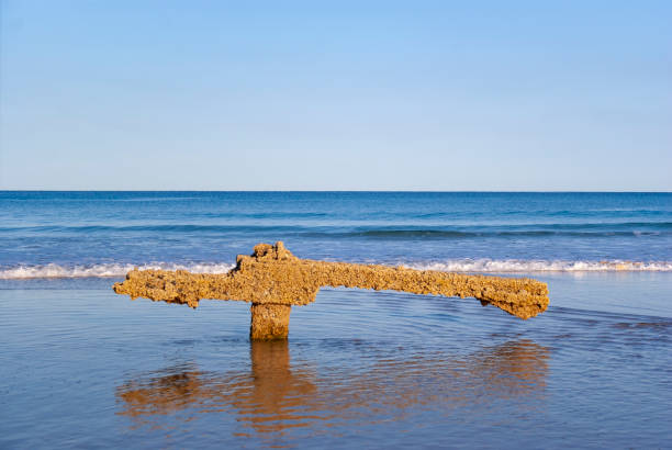 A dramatic view of the SS Maheno shipwreck on Fraser Island, Australia, showcasing the weathered remains of the once-mighty ocean liner now resting on the sandy shore. The SS Maheno, wrecked in 1935, is a popular tourist attraction, adding a historical and mysterious element to the island's natural beauty and rugged coastline.