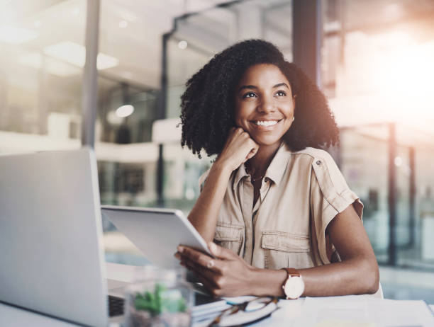 istock Woman, vision and tablet in workplace for business, idea and planning schedule or thinking. Communication, email and employee in creative agency, online project and company website or professional 2161815644