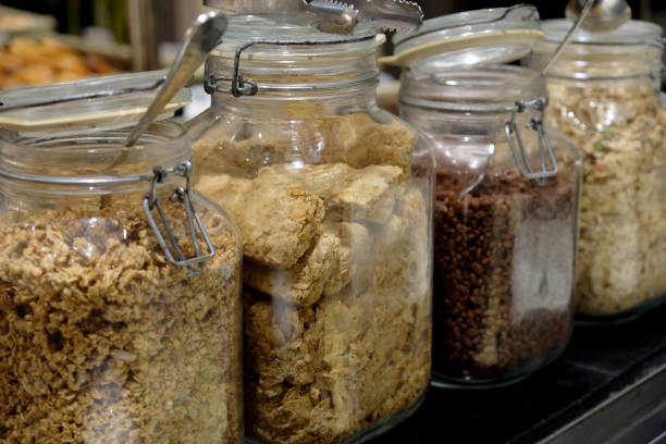istock Variety granola and cereal selection at breakfast buffet counter 2161819860