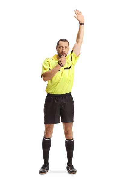 istock Football referee with arm up blowing a whistle 2161827010