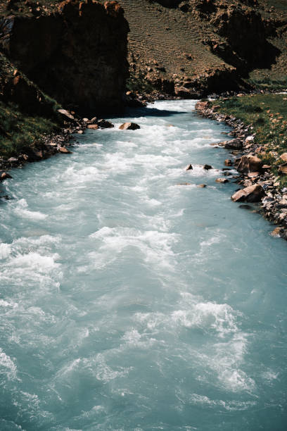 High angle view of flowing mountain stream