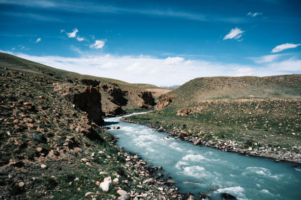 Verdant valley in midsummer with a meandering mountain stream. Maly Naryn River, Kyrgyzstan